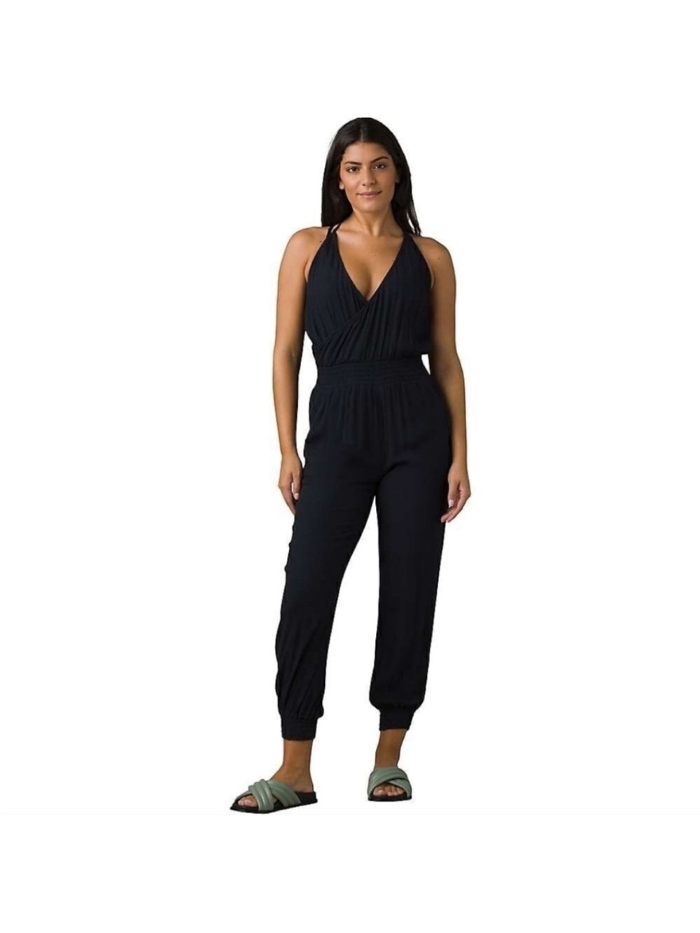 Prana Fernie black halter Jumpsuit with pockets Size Medium travel hiking walk